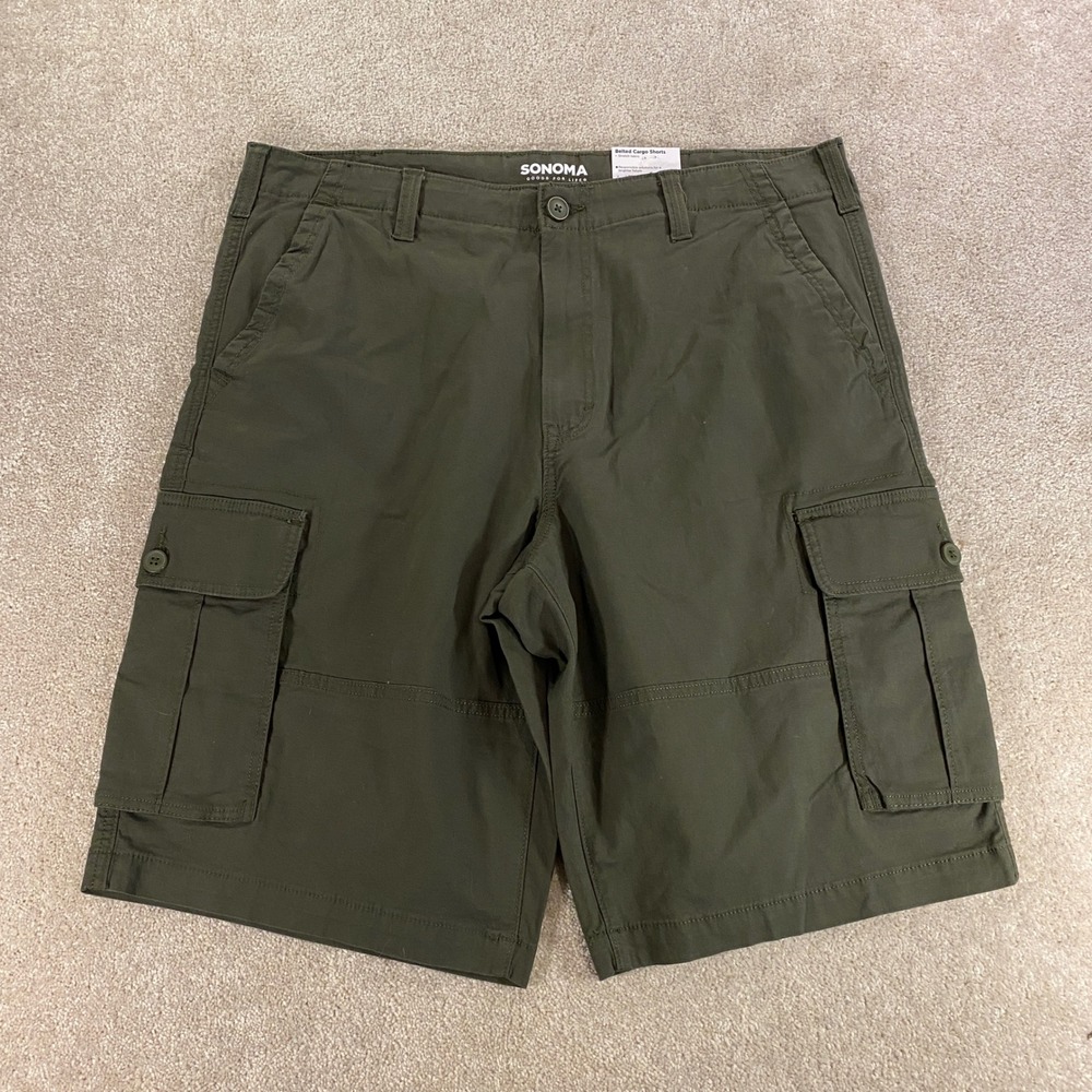 Sonoma Cargo Shorts Mens 42 Olive Green Stretch Cotton Belted Utility Workwear